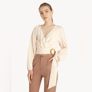 Pomelo Cropped Belted Wrap Blouse - Light Pink XS